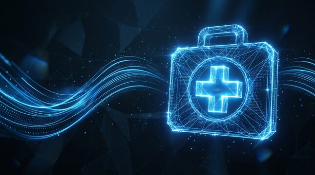 digital first aid kit glowing wireframe with abstract tech background