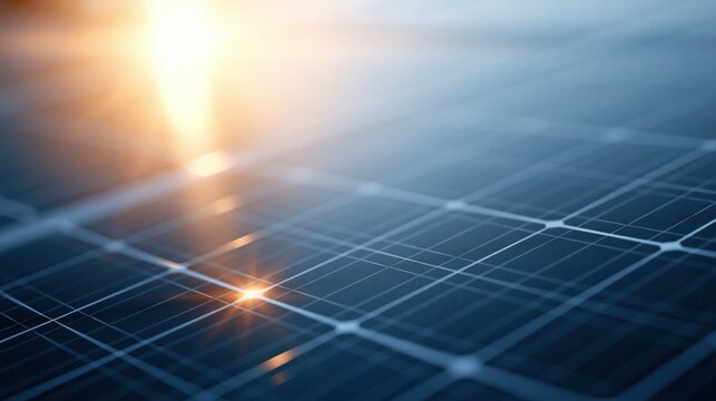 Close up of a solar panel surface reflecting warm sunlight, symbolizing clean energy and sustainable technology