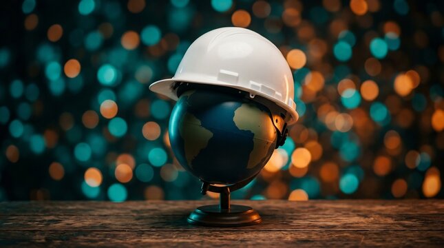 earth globe wearing a white safety hard hat on wooden table
