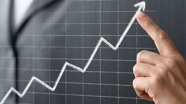 Hand pointing to upward trending financial graph on a grid, symbolizing business growth and success