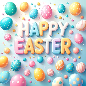 Colorful painted Easter eggs with Happy Easter text.