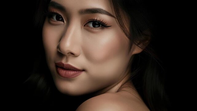 Portrait of a Young Asian Woman: A close-up, dramatic studio portrait of a young Asian woman with subtle makeup and a gentle gaze, her shoulder bare against a dark background.