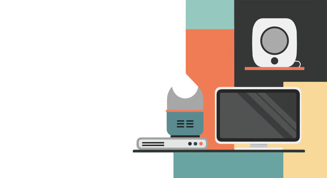 A vector illustration featuring a computer monitor, speakers, and media devices on a shelf against a colorful geometric background.