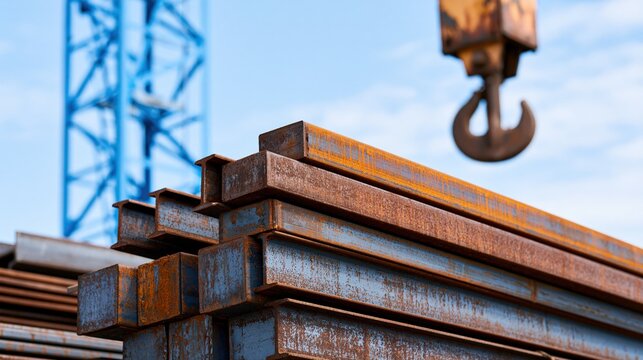 Stacked Rusty Steel Beams Ready for Construction with Overhead Industrial Crane Hook