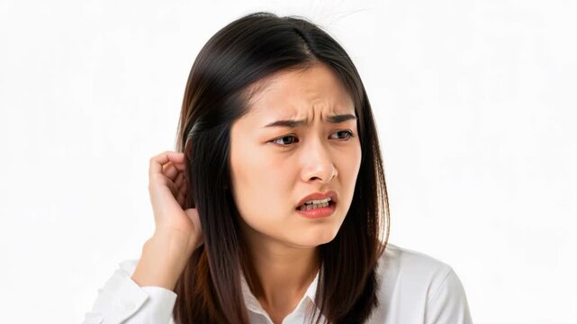 Confused Woman Scratching Head: A young Asian woman with dark hair and a confused expression scratches her head, pondering a difficult question or situation.