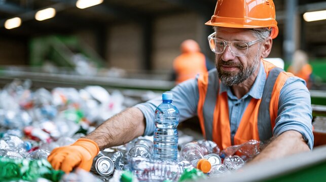 Recycling plant worker in safety gear sorting plastic bottles on conveyor belt