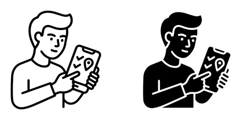 Fototapeta premium Man Using Mobile Phone Navigation App, Location Pin Icon, Digital Map Interface, Modern Technology Concept, Vector Illustration