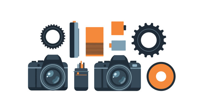 A collection of camera gear like DSLRs, lenses, and batteries in a flat vector style, perfect for photography-related projects.