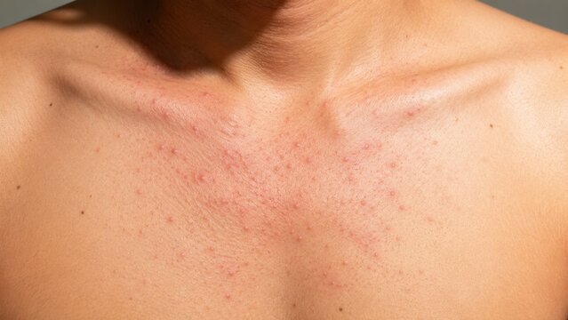 Heat rash skin on chest and collarbone area close-up showing red bumps and miliaria prickly heat irritation across upper body dermatology reference