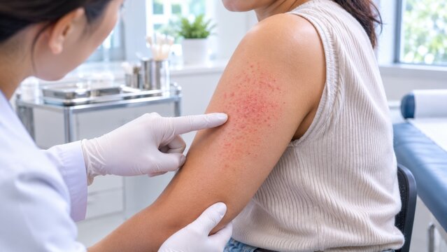 Heat rash skin on upper arm examined by dermatologist in gloves at clinic showing red bumps and prickly heat miliaria during skin condition consultation