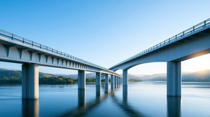 Fototapeta premium Modern concrete bridges spanning a calm blue lake under a clear sky at sunrise