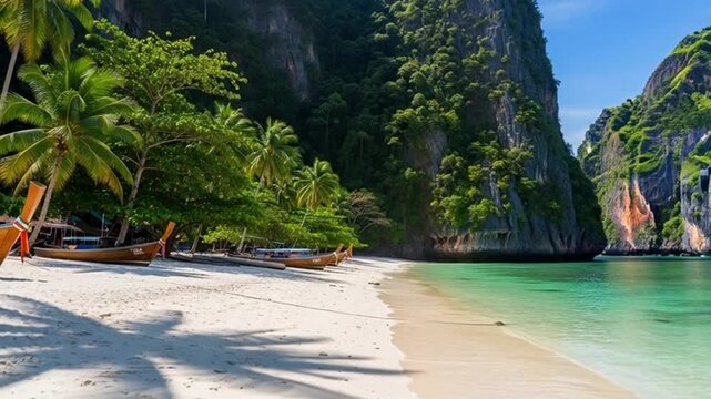Phi Phi Islands, Thailand: Serene Beach with Traditional Boats and Lush Greenery, Summer Vacation