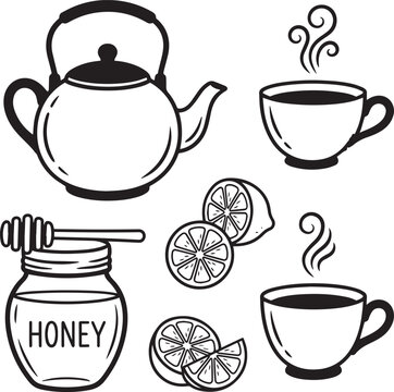 Cozy Autumn tea time with steaming cups honey jar and lemon slices vector illustration