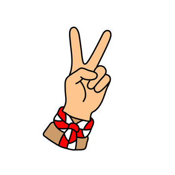 Hand drawn cute scout hand victory peace gesture neckerchief icon doodle vector scouting camping v sign peace symbol team colored cartoon graphic