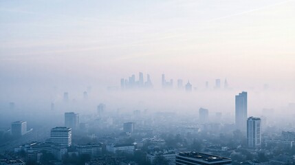 Naklejka premium Misty morning cityscape with hazy skyscrapers shrouded in atmospheric fog, evoking urban isolation and environmental concerns