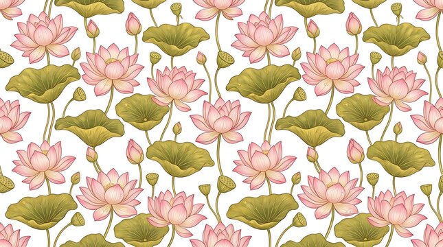Seamless pattern of pink lotus flowers and green leaves