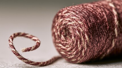 Obraz premium Waxed linen thread coil unraveling in a soft spiral, burgundy tones