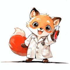 Fototapeta premium Cute little fox wearing doctor coat holding medical test tube with liquid. Cartoon animal character as veterinarian or scientist. Drawing for greeting card, sticker and children poster.