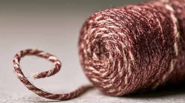 Waxed linen thread coil unraveling in a soft spiral, burgundy tones