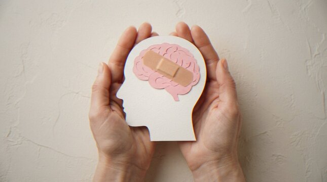A pair of hands gently cradling a paper cutout of a human head and brain featuring a band-aid, representing mental health care and recovery.