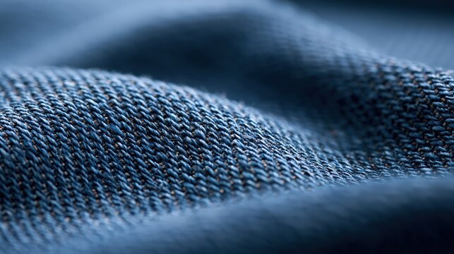 Close-up macro shot of textured blue denim fabric, showcasing woven threads and soft folds