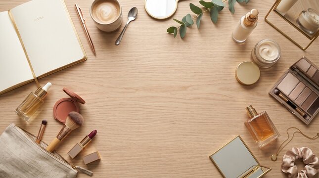 A top-down flat lay of beauty products, makeup, a notebook, and coffee arranged on a light wooden table, creating a frame around a central space.