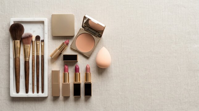 Elegant flat lay of high-end cosmetics including lipsticks, brushes in a marble tray, powder compact, and a makeup sponge on a neutral linen fabric.