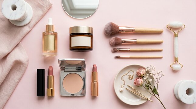 Elegant flat lay of skincare and makeup products on a pink background, including brushes, serum, face roller, and lipsticks. Aesthetic beauty setup.