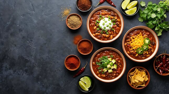 A top down view of bowls of chili for a flame-chili cookoff competition featuring spicy toppings fresh herbs and aromatic spices on a dark rustic background