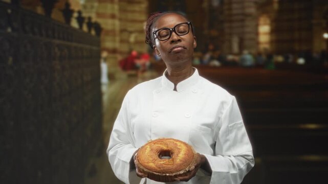 Woman chef holding a golden bundt cake with hands, wearing white jacket and glasses, standing in cathedral aisle; pride.