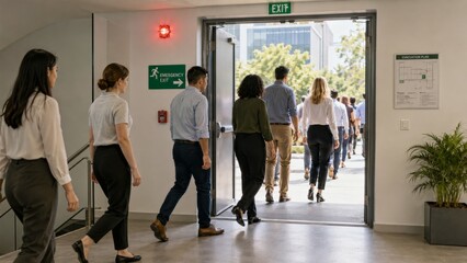 Fototapeta na wymiar Group of office workers walking through emergency exit during fire drill. People evacuating modern building carefully. Safety training procedure at workplace for collective security