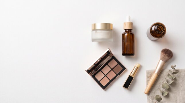Minimalist flat lay of beauty products: neutral eyeshadow palette, serum bottles, facial cream, makeup brush, and lipstick on a clean white surface.