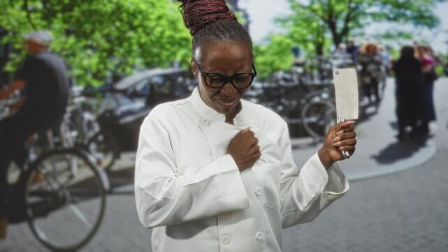 Young woman chef wearing white coat and glasses holds a meat cleaver with raised arm while hand clutches chest, on street with bicycles nearby; distress concern.