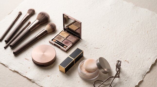An elegant collection of luxury makeup items, including an eyeshadow palette, brushes, lipstick, and powder, neatly arranged on textured paper.
