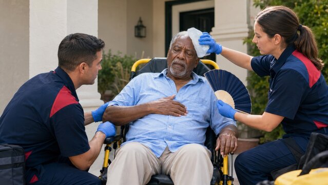 Paramedic man and woman helping senior man experiencing heat stroke. Medical professionals providing emergency aid with ice bag and fan. Danger of extreme summer weather condition
