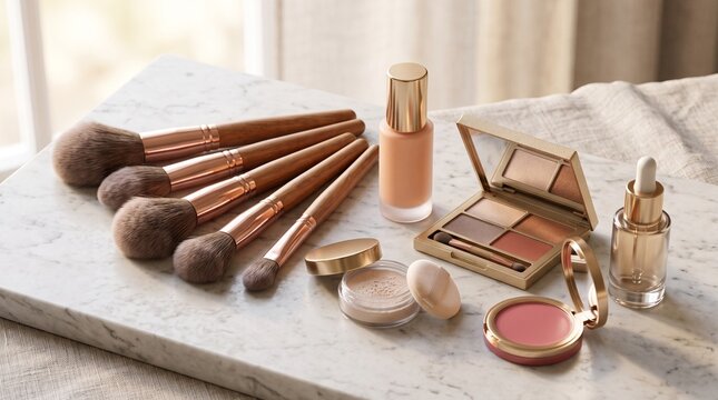 A luxurious collection of makeup essentials, including brushes, foundation, eyeshadow, and blush, elegantly arranged on a white marble surface.