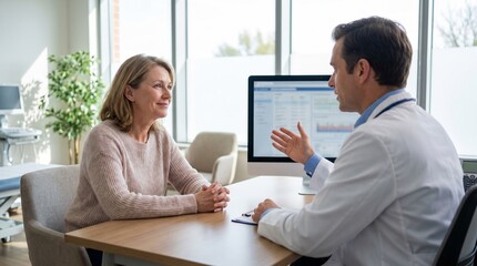 Obraz premium Doctor Explaining Treatment Options to Female Patient in Bright Clinic for Medical Consultation