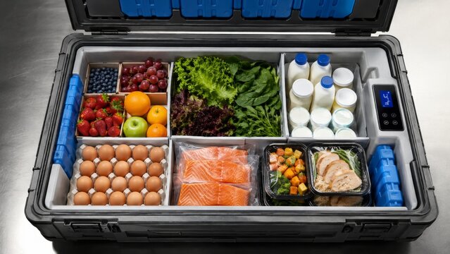 Temperature controlled shipping container filled with fresh groceries and meal prep. Professional delivery system for perishable cold food items in organized cold storage segments