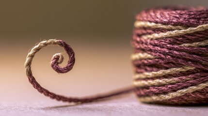Fototapeta premium Burgundy waxed thread spool unraveling into a graphic spiral coil