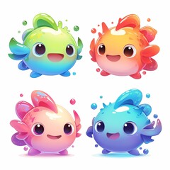 Obraz premium Set of four cute cartoon fish heads with colorful scales and big eyes. Funny underwater creatures for mobile game design. Digital art style character collection for kids project.