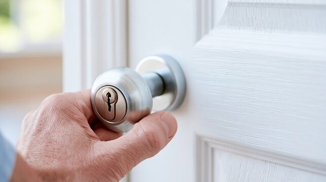 Man's Hand Turning a Silver Doorknob on a White Interior Door, Opening Opportunity or Entry