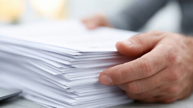 Professional Hand Holding Stack of White Documents or Paperwork on Desk