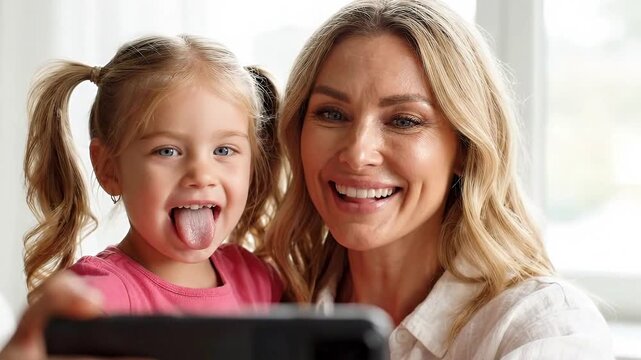 Playful mother and daughter sticking out tongues for a selfie