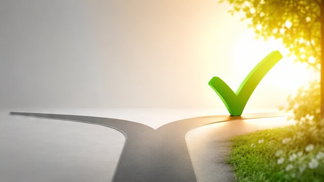 Concept of decision,making and choosing the right path with a symbolic green checkmark at a fork in the road with sunlight. ideas of success, direction, clarity in decision making.