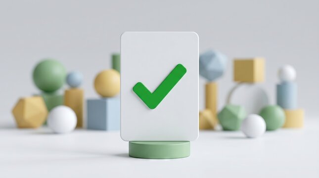 Green check mark on white card with geometric shapes in background. Task completion, approval and success concept. Minimalist 3D illustration for business goal and checklist
