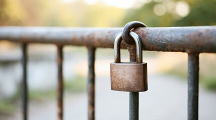Naklejka premium Close up of a Rusty Padlock Securing a Metal Fence Outdoors with Bokeh Background