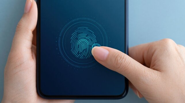 Close up of a finger touching a smartphone screen for biometric fingerprint security scan