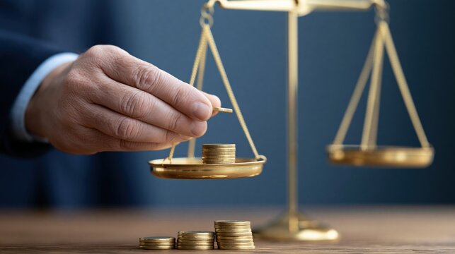 Hand balancing coins on a vintage scale, representing financial balance, justice, and economic concepts