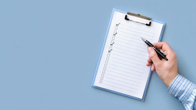 Hand with pen checking off items on a blank checklist on a clipboard, representing task completion and organization