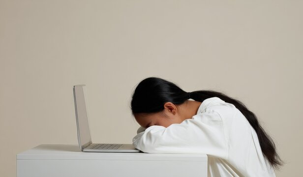 Overworked young woman rests her head on a laptop keyboard, feeling exhausted and stressed at her desk